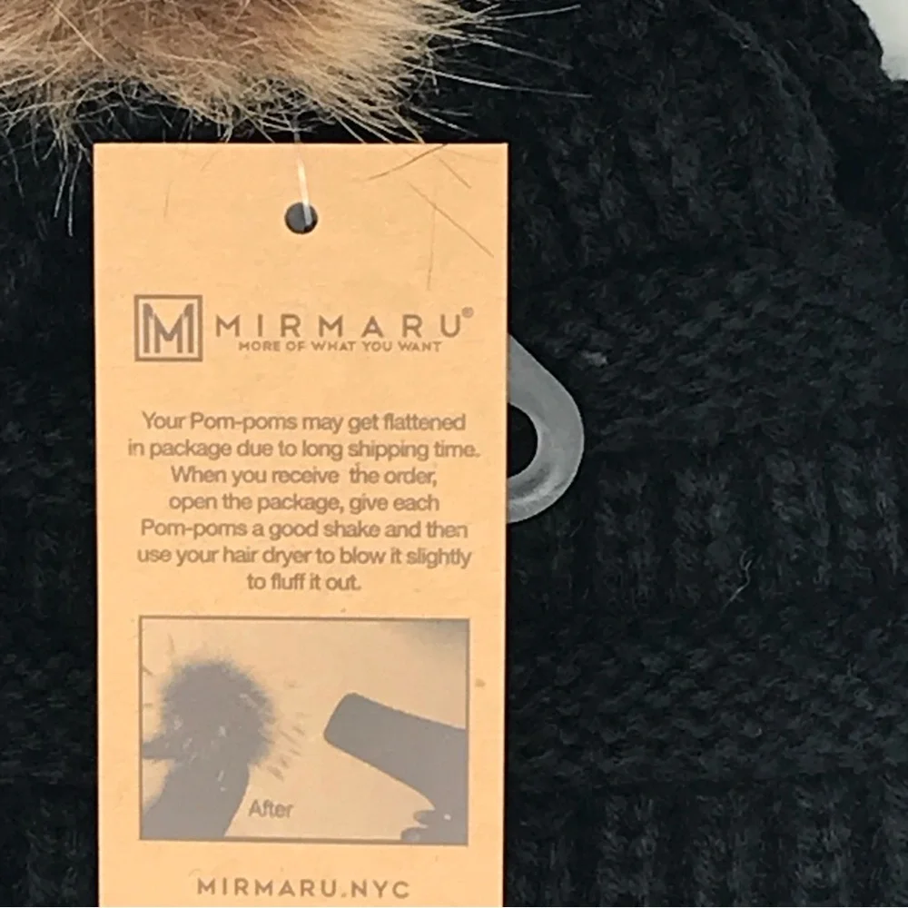 Mirmaru Knit Hat Faux Fur PomPom NWT  Black & Brown PomPom - Picture 6 of 10